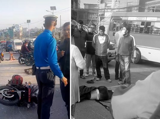 काठमाडौं तिनकुनेमा  तीन सवारी ठोक्किँदा महिला गम्भीर घाइते”